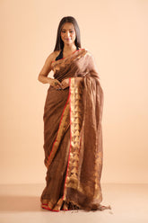 Pure Tissue Linen Temple Jamdani In Light Brown Colour